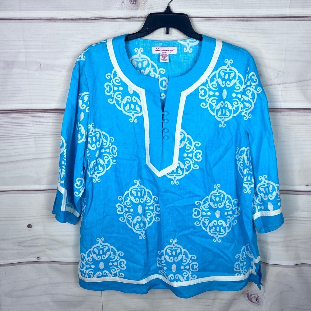 Lily Stanhope Top Womens 2X Blue Paisley Linen Blouse Tunic 3/4‎ Sleeve Buttons